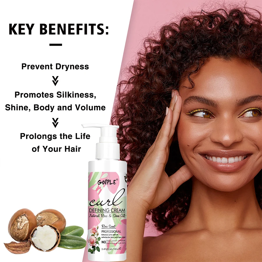 GOIPLE Curl Defining Cream Rose Extract Perm Hair Anti-Frizz Moisturizing Smooth Styling Volumizing Fluffy Care Enhance Curls Curly Hair Styling Cream
