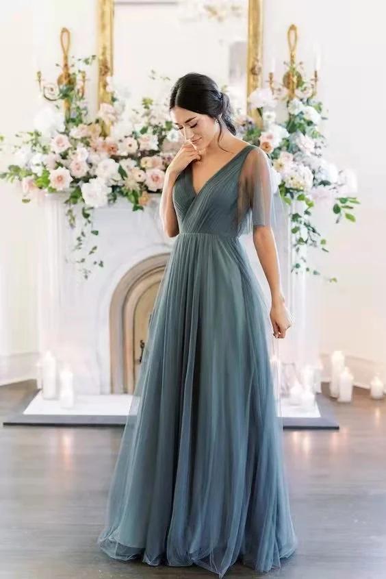 Deep V Evening Dresses  فساتين السهرة Long Tulle A Line Formal Party Dress robes de soirée with Sleeve for Women simple prom dresses