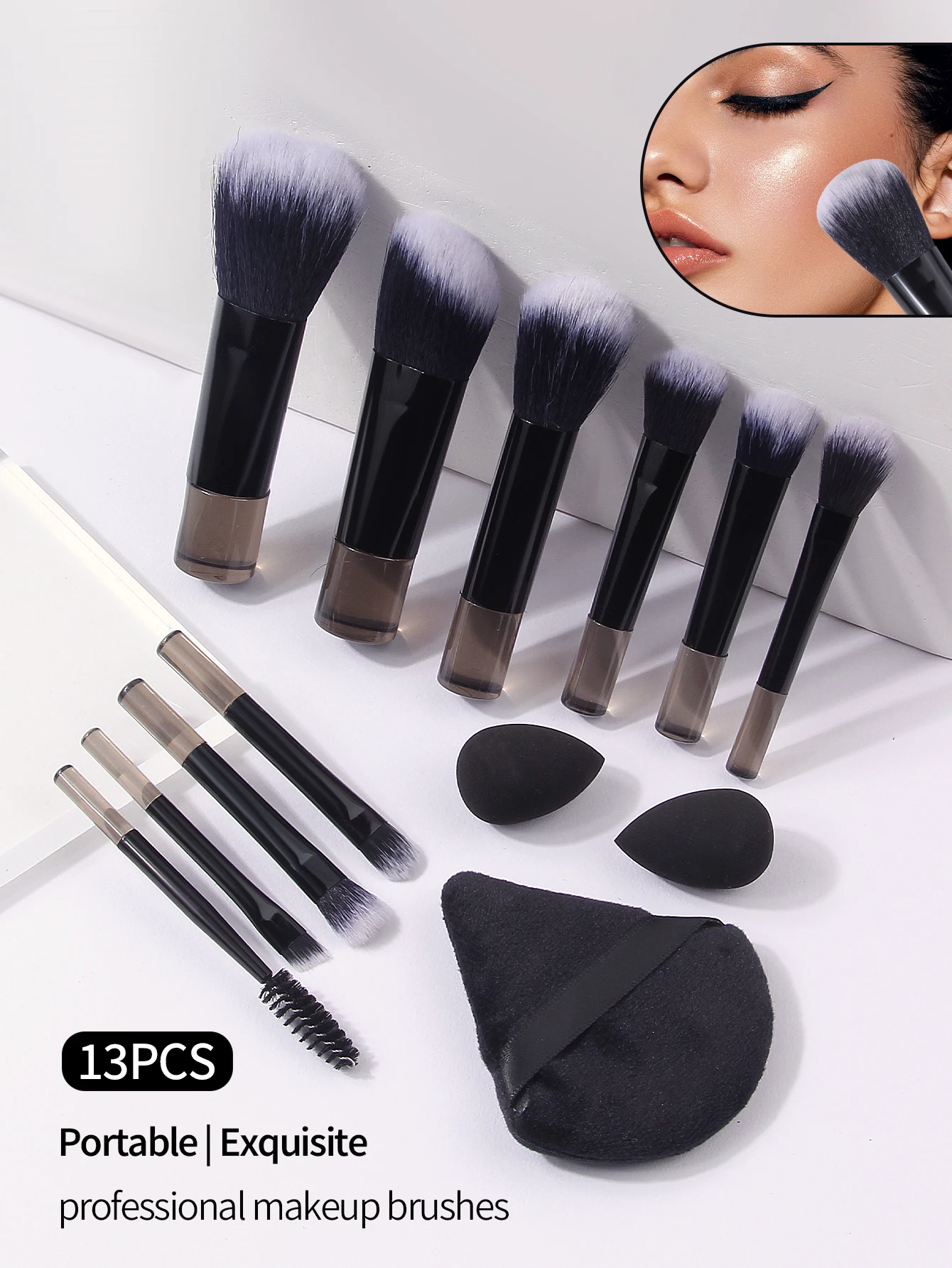 13PCS 메이크업 브러쉬 세트(파운데이션 컨실러 브러쉬, 루스 파우더 브러쉬, 아이섀도 브러쉬, 블러쉬 브러쉬, 뷰티 블렌더, 파우더 퍼프 포함)