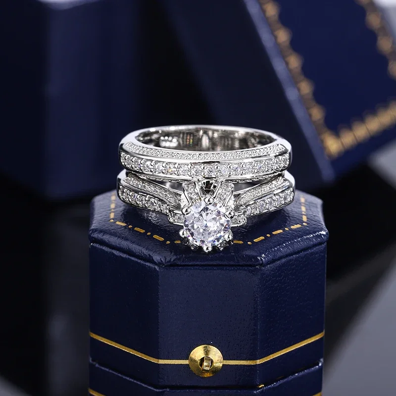 고품질 크리스탈 지르콘 결혼 반지 세트 패션 빅 스톤 손가락 반지 약속 신부 약혼 S 반지 여성을위한