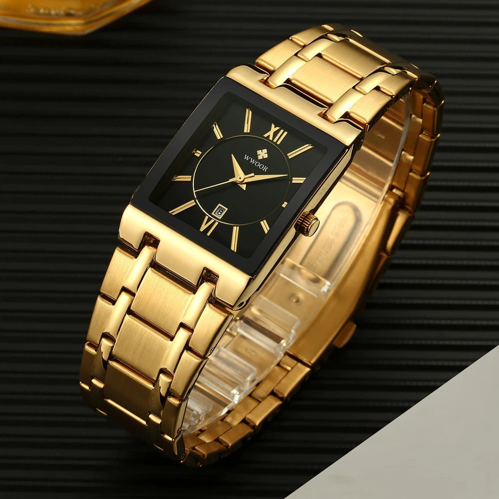 WWOOR Fashion Gold Men's Watches New Luxury Brand Watch Mens Business Waterproof Stainless Steel Quartz Wrist Watch Reloj Hombre