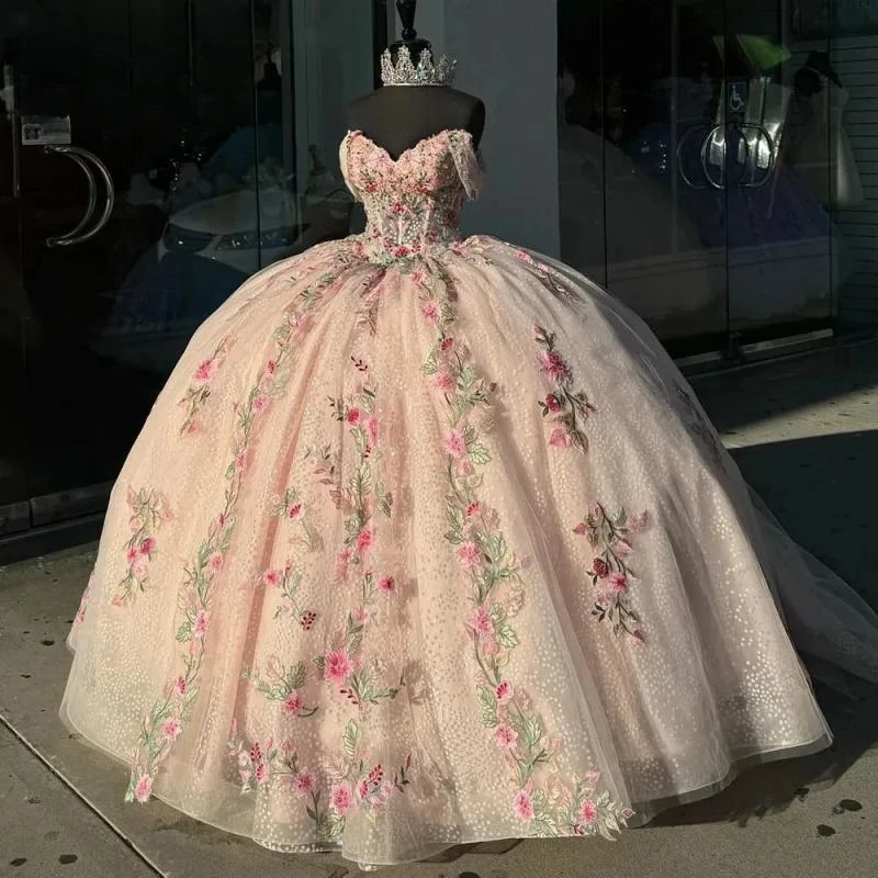 

Gorgeous Colorful Floral Appliques Lace Ball Gown Quincenara Dress Off The Shoulder Illusion Corset Sweet 15 Vestidos De XV Años