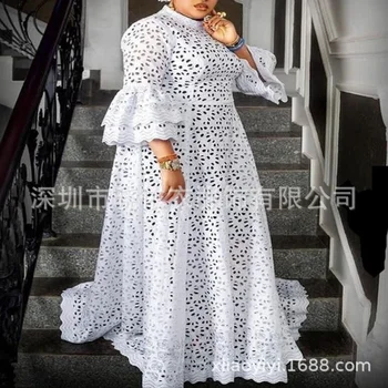 White Dress Women Flare Sleeve O Neck Party Long Maxi Dresses Lace High Waist Vestidos Wedding Night Loose Elegant Spring 2025 1