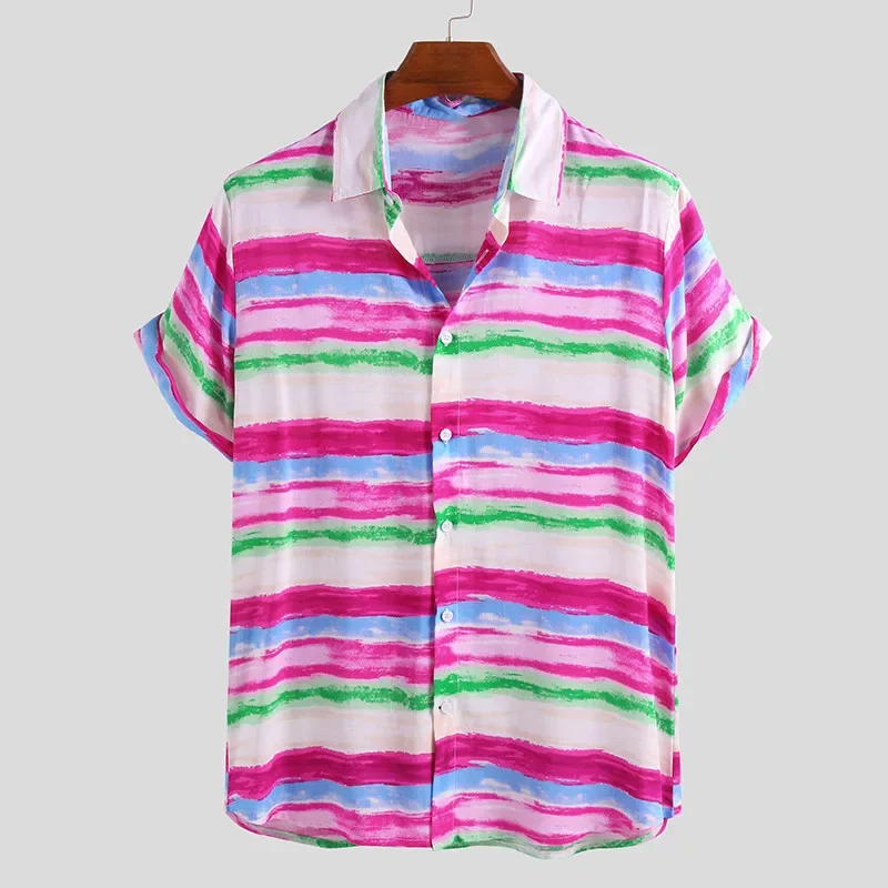 

Fashion color printing line loose holiday series Lapel Hawaiian short sleeve casual men's shirt