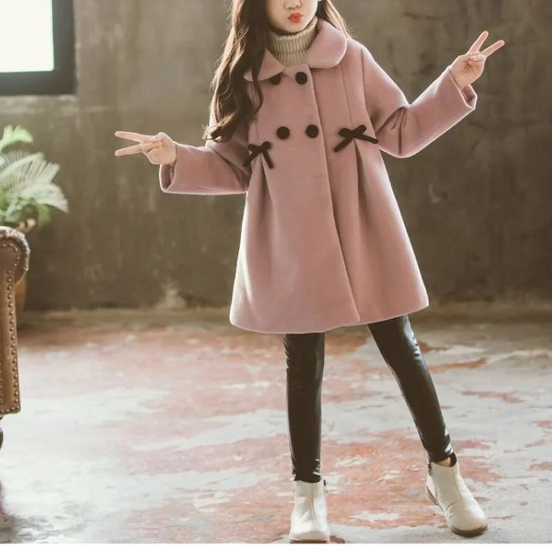 Korean Casual Autumn Winter Girls Turn-down Collar Button Spliced Bow Shirring Fashion Sweet Long Sleeve Loose Coats