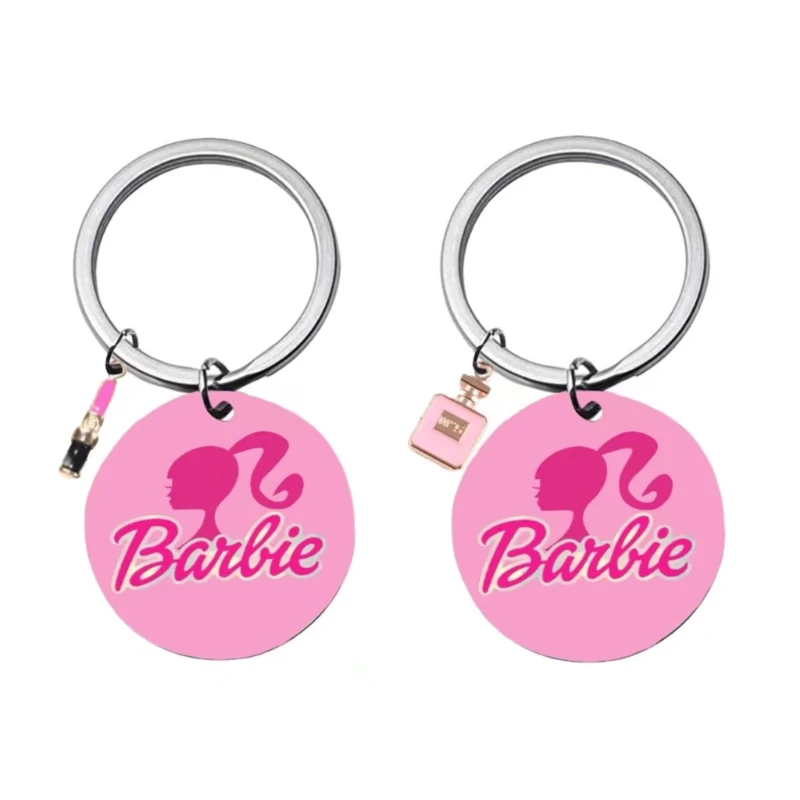 New Barbie Extra Keychain Stainless Steel Keyring Pink Princess Head Pattern Backpack Pendant Cartoon Accessories Toys for Girls