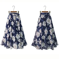 Plus Size Print Floral Skirt Women 2024 Summer Loose Elastic High Waist Chiffon Midi Skirts Lace Up Bow L-5XL Swing Jupe Femme - Image 3