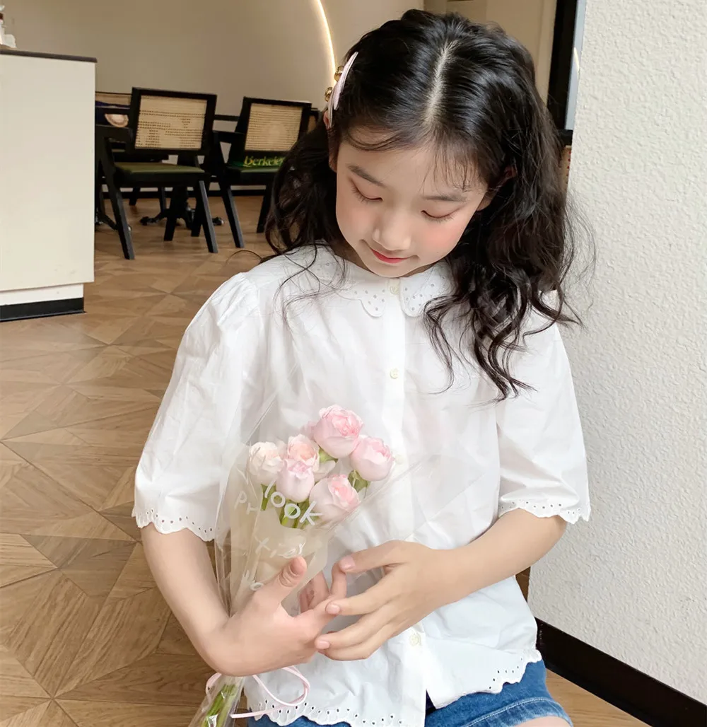 2026년 여름 여아 의류  상의 순백색 여아 반팔 셔츠 달콤한 레이스 칼라 반팔 셔츠