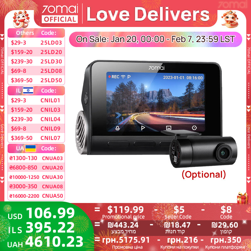 Global 70mai Dash Cam A810 Ultra HD 4K Built-in GPS ADAS Auto Record 150FOV Motion Detection 70mai A810 Car DVR Support Rear Cam