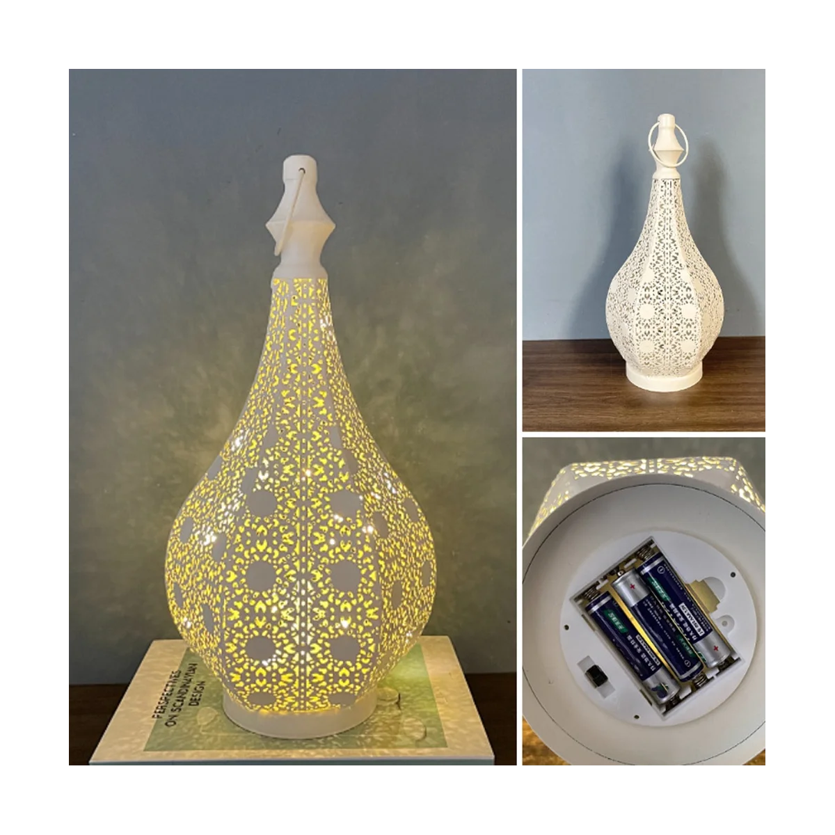 Moroccan Style Metal Table Lamp Battery Powered Cordless Lamp with Fairy Lights Bulb for Christmas Room A 6