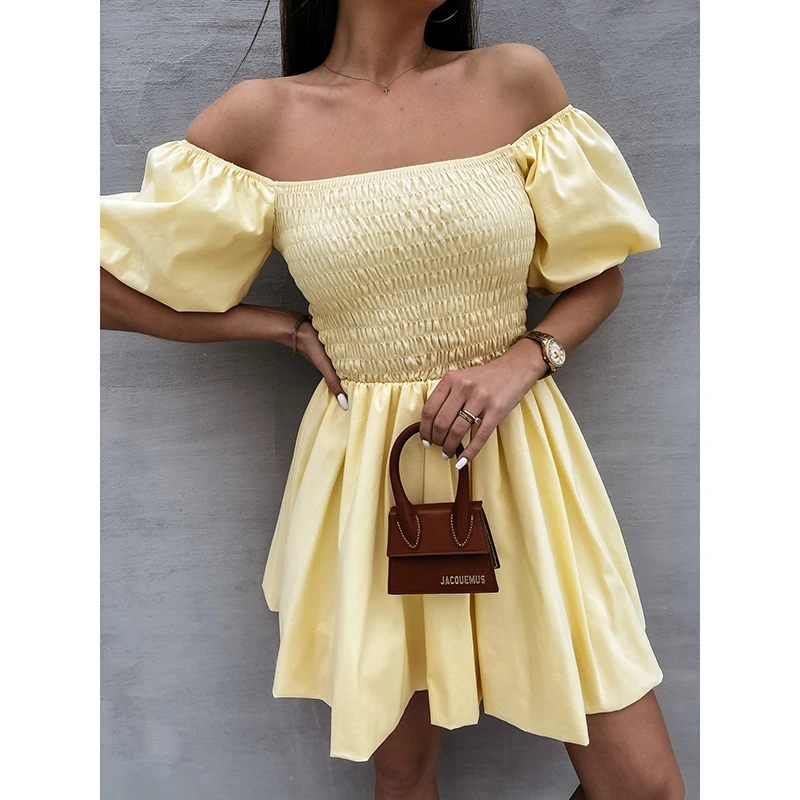 

OUSLEE Summer Women Midi Dress Puff Sleeve Sexy Off Sholulder Solid Beach Party Dress Casual Yellow Sundress Femme Vestidos 2021