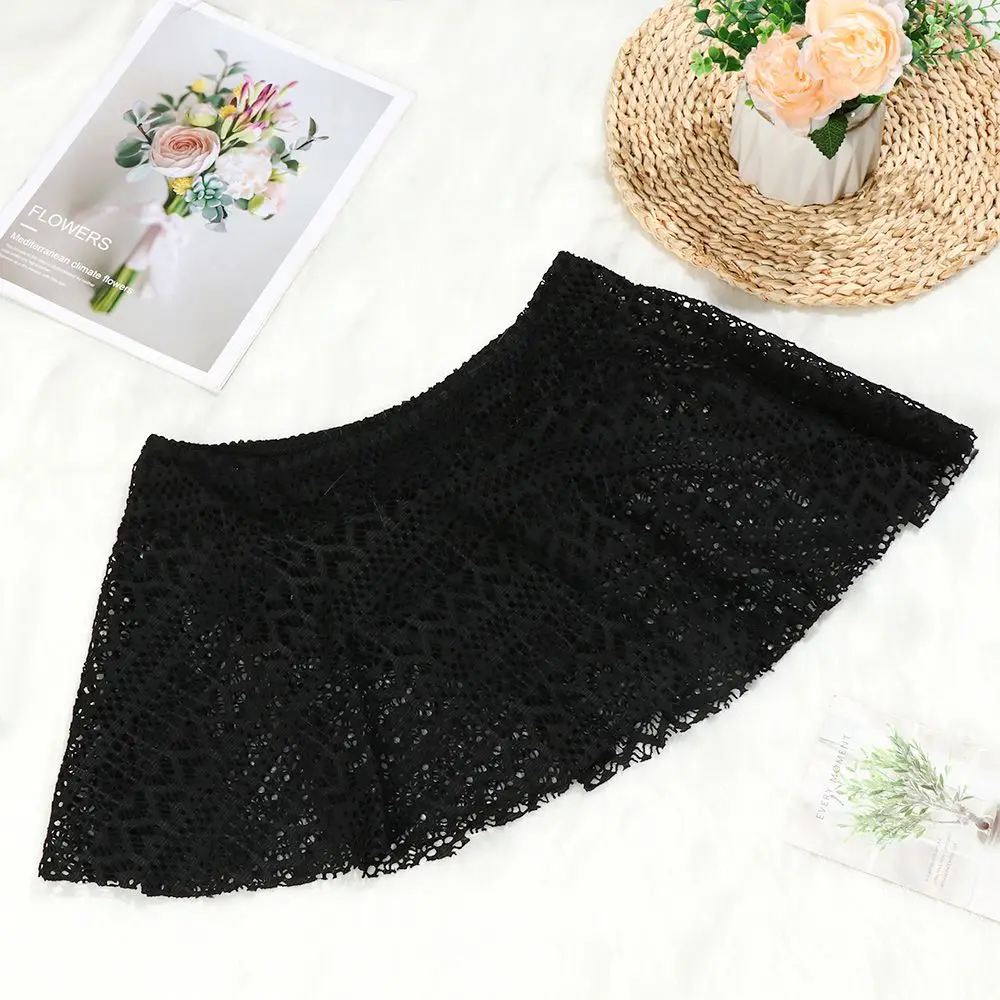 Solid Color Lace Crochet Cutout Sexy Beach Vacation Miniskirt Women's Swimming Monokini Bikini Bottoms sheer bathing suit cover up