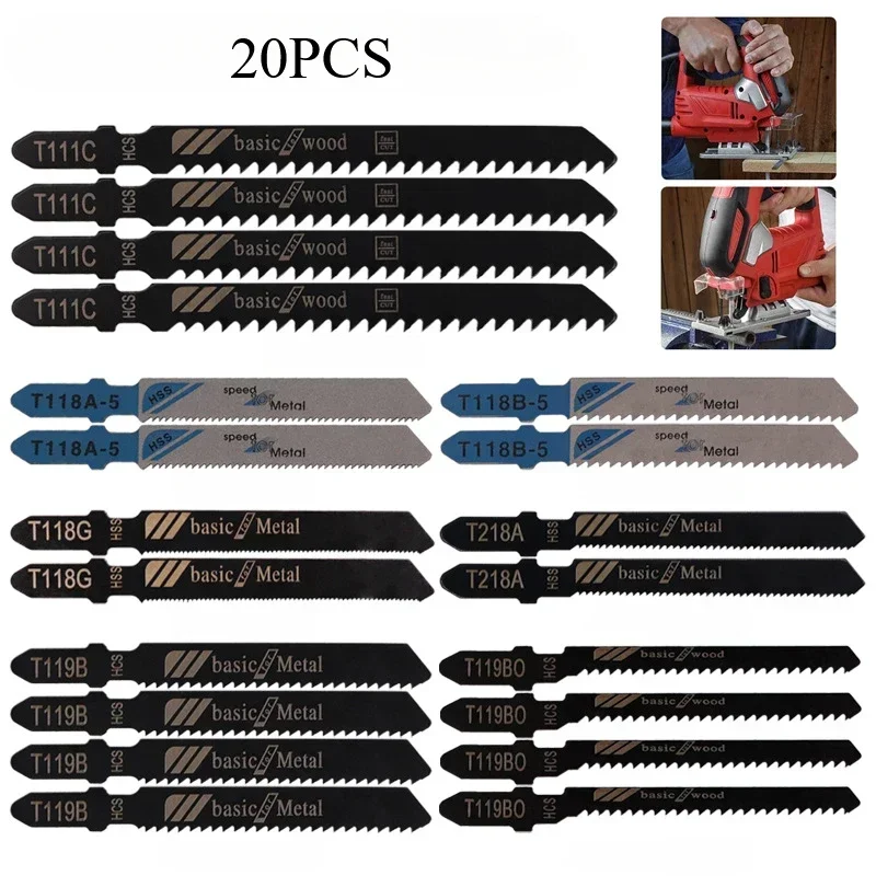 20 Pieces Jigsaw Blades Set T-Shaft HCS Assorted Jig Saw Blades for Wood Plastic and Metal Cutting for Black & Decker Metabo 2