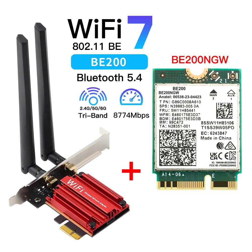 Intel BE200 Pcie 무선 어댑터 용 fenvi 8774Mbps WiFi 7 Bluetooth 5.4 트라이 밴드 2.4G/5G/6G ..