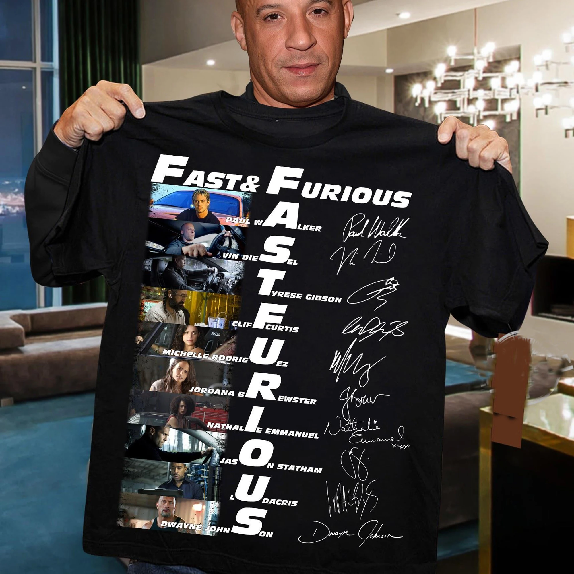Fast.And. Furious Characters Signatures Mens T-Shirt. Premium 