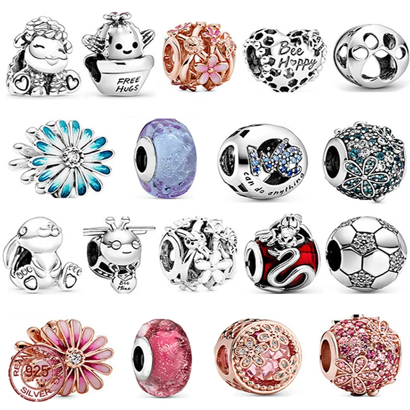 

925 sterling silver cute rabbit pottery heart-shaped chrysanthemum beads fit Pandora original bracelet DIY jewelry birthday gift