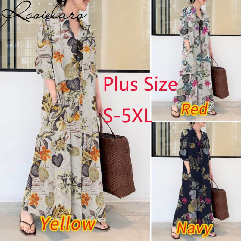 2023 Summer Dress Plus Size 3XL 4XL 5XL Cotton Linen Pocket Maxi Dress for Women Blouses Streetwear Loose Casual Long Dresses