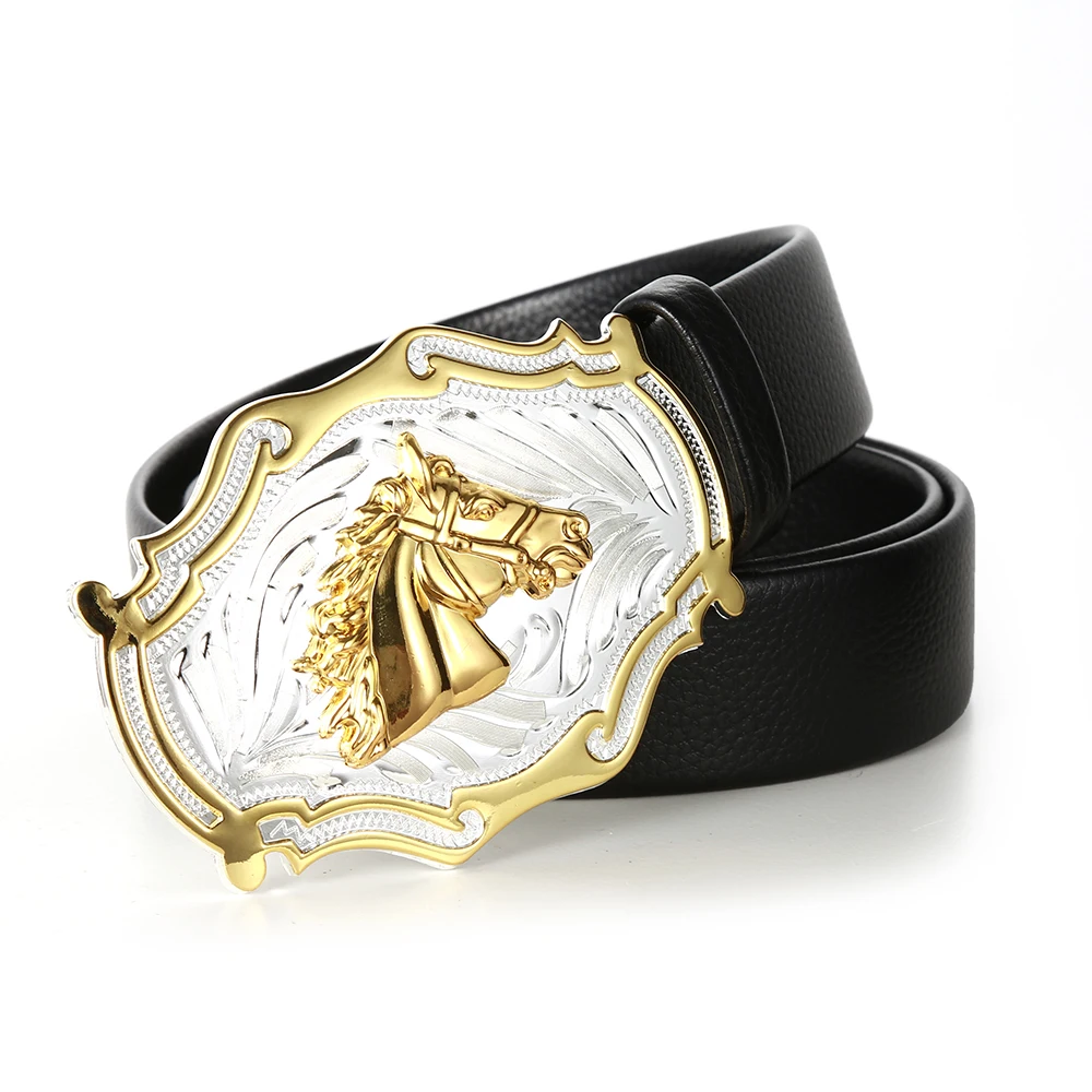 Western Zinc Alloy Buckle Leather Belts Cowboy Horsehead Animal Pattern