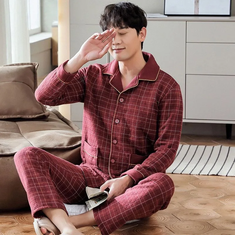 2024 New Autumn Winter Pure Cotton Pajamas Men's Thickened Interlayer Cotton Warm Sleepwear Set V-neck Loose Large Size Homewear