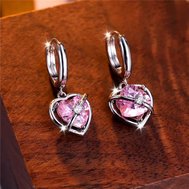 Female Crystal Pink Zircon Stone Heart Dangle Earring Cute Tassel Long Wedding Jewelry For Women