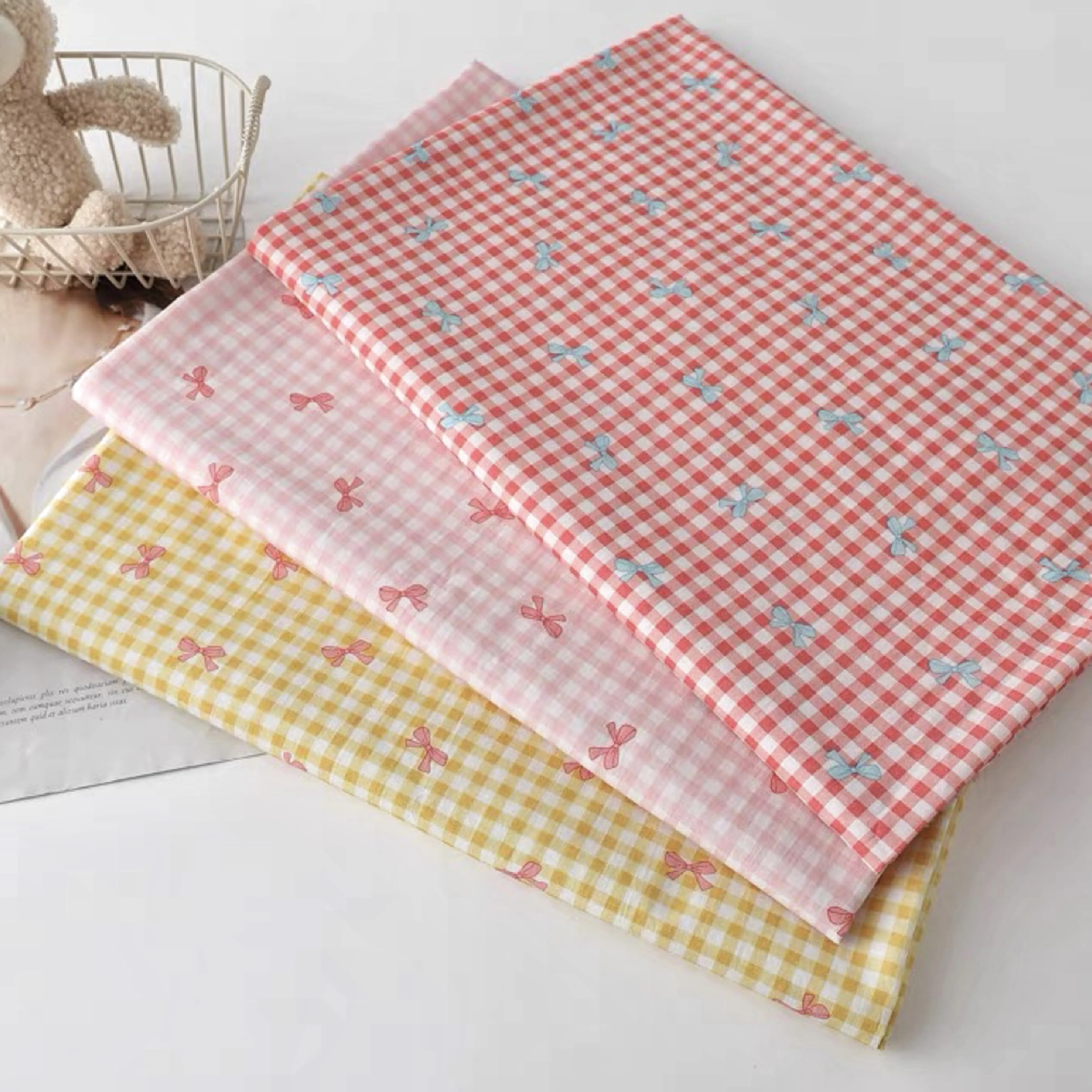 Colorful Checkered Bow Cotton Fabric 60S Printed Fabric for Making Dresses Shirts Pajamas Home and Children's Clothing Handmade Cotton Fabric
