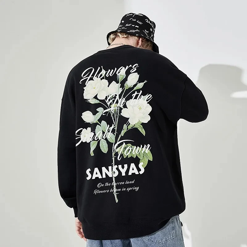 

2023 Men's Hoodie Loose Casual Trend Camellia Print Pullover Loose Round Neck Unisex Men's Hoodie