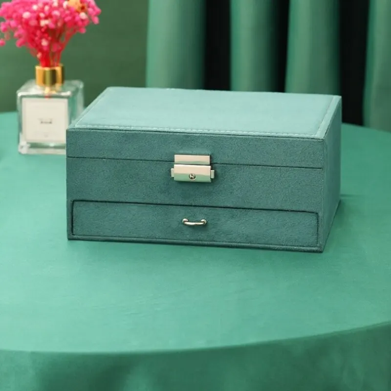 1pcs Double Storage Box For Men And Women Luxury Vintage Style Jewelry Space Large Capacity Fine Soft Dark Green Velvet Quality - Image 3