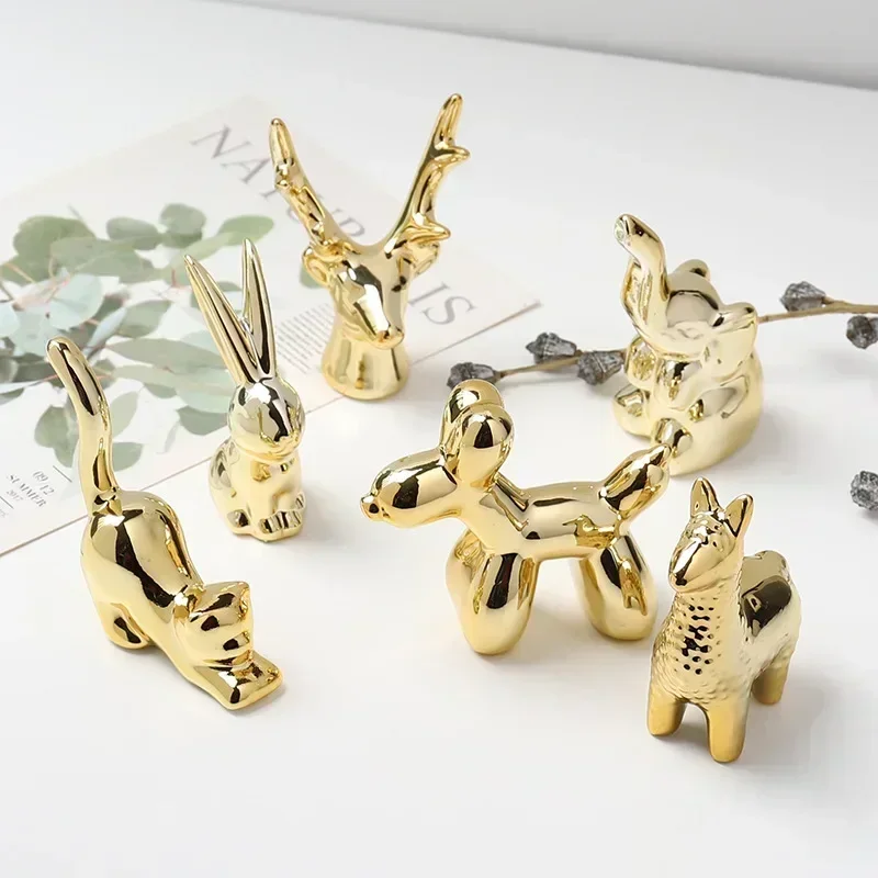 Small Gold Electroplate Ceramic Animal Figurines Swan Alpaca  Dog Cat Rabbit Fox Deer Porcelain Home Desk Decoration