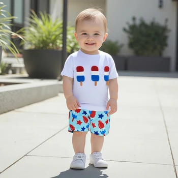 Toddler Boy 4th of July Clothing Set Short Sleeve American Flag Print T Shirt Denim Shorts Independence Day Outfit for Kids 1