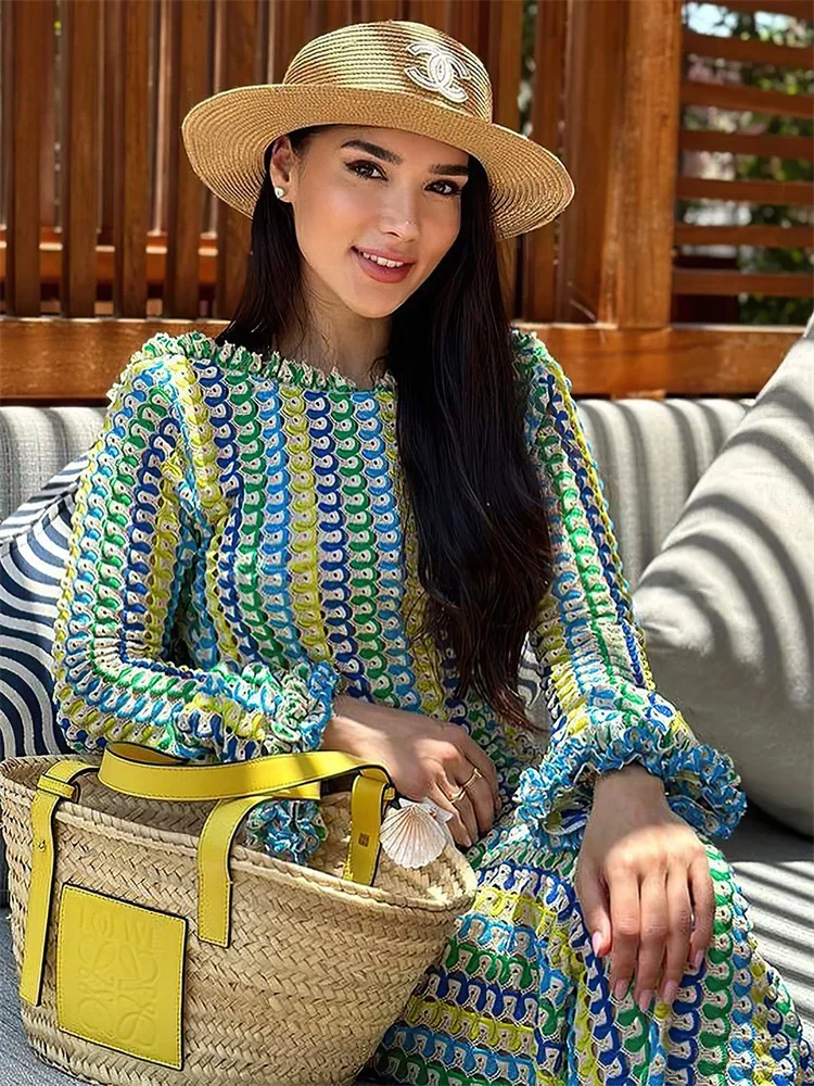 Lace Beach Holiday Long Dress Backless Female Hollow Out Patchwork Elegant Loose Contrast Party Dress Women Maxi Dress