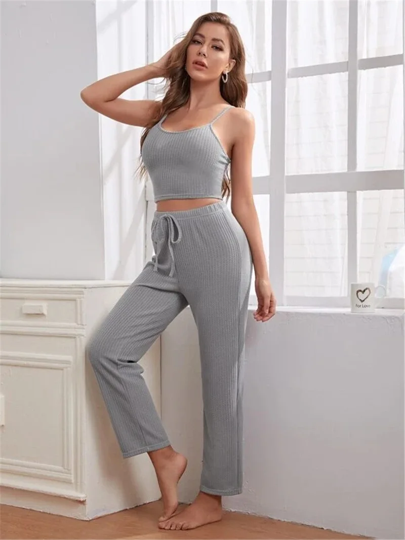 European and American Home Wear Women's Waffle Knitted Suspenders Top Trousers Robe Pajamas Three-Piece Suit