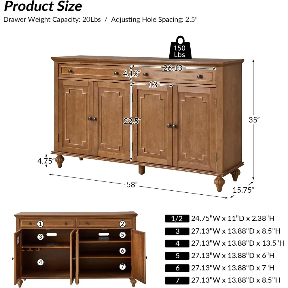 58" Wide Kitchen Sideboard Buffet Cabinet 2 Drawers Adjustable Shelves Wood Coffee Bar Table Dining Room Acorn