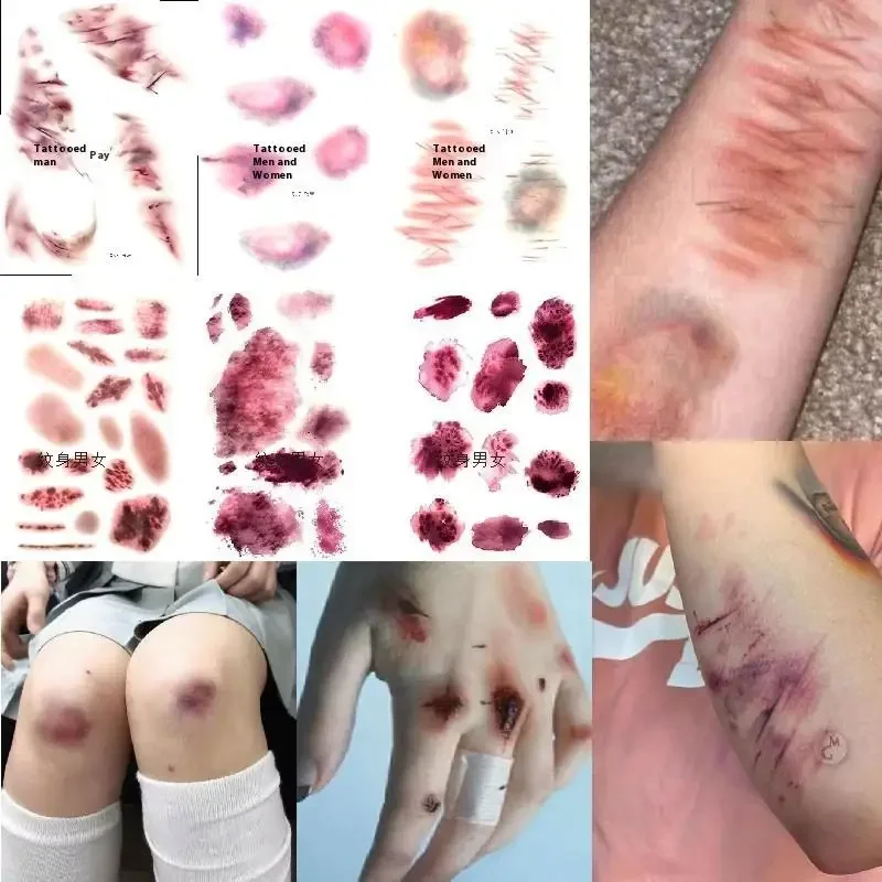 4 fogli di tatuaggi temporanei per bruciare ferite di Halloween per cosplay adesivi per tatuaggi cicatrici impermeabili inchiost - immagine 3