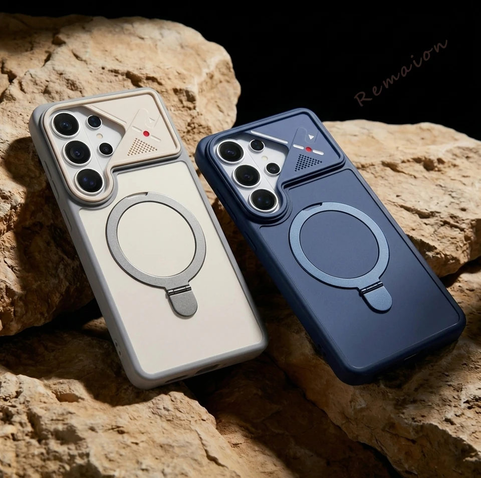 Luxury Matte Magnetic Phone Case with 360° Rotating Stand and Mech Style Design