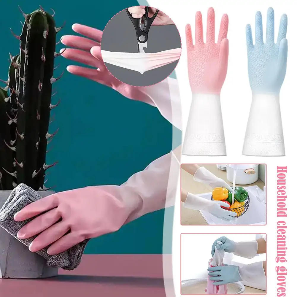 Household Cleaning Gloves Kitchen Dishwashing Gloves Rubber Waterproof Nails V4M3