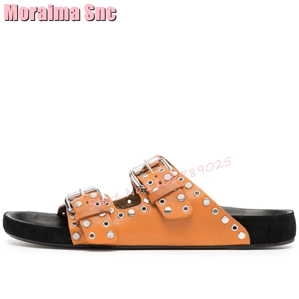 Rivet Belt Buckle Flat with Slippers Round Toe Black Solid Women Shoes Summer Slides Casual Outside Fashion Newest Slip On 2023