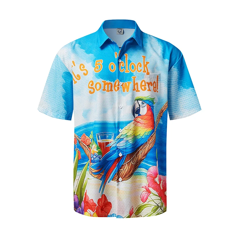 thumbnail image 1 of Camisas hawaianas de verano para hombre, divertidas, con estampado de pájaros, informal, con botones, para playa, manga corta, 1 of 5