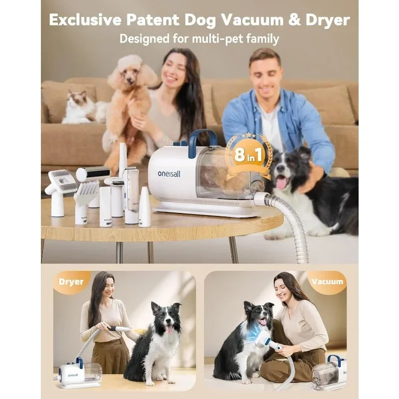 oneisall Dog Grooming Vacuum Blow Dryer, Clippers, Dog Grooming Kit for Shedding Drying Trimming Pet's Hair,7 Levels Temperature