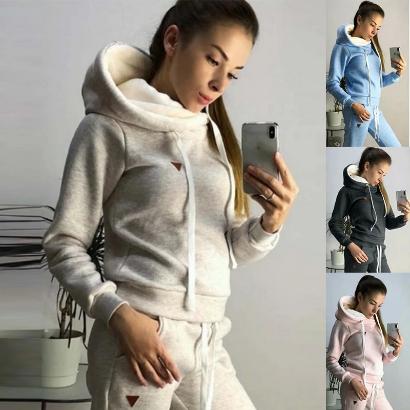 Women's Fleece High Collar Hoodie+Pants Two Piece Set Women's Solid Color Warm Hoodie Set High Collar Long Sleeve Set