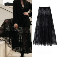 Black Lace Mesh Skirt Women's High Waist Midi Skirt Tulle Long Skirt Women's Translucent Party Women's Sexy Skirt 2024