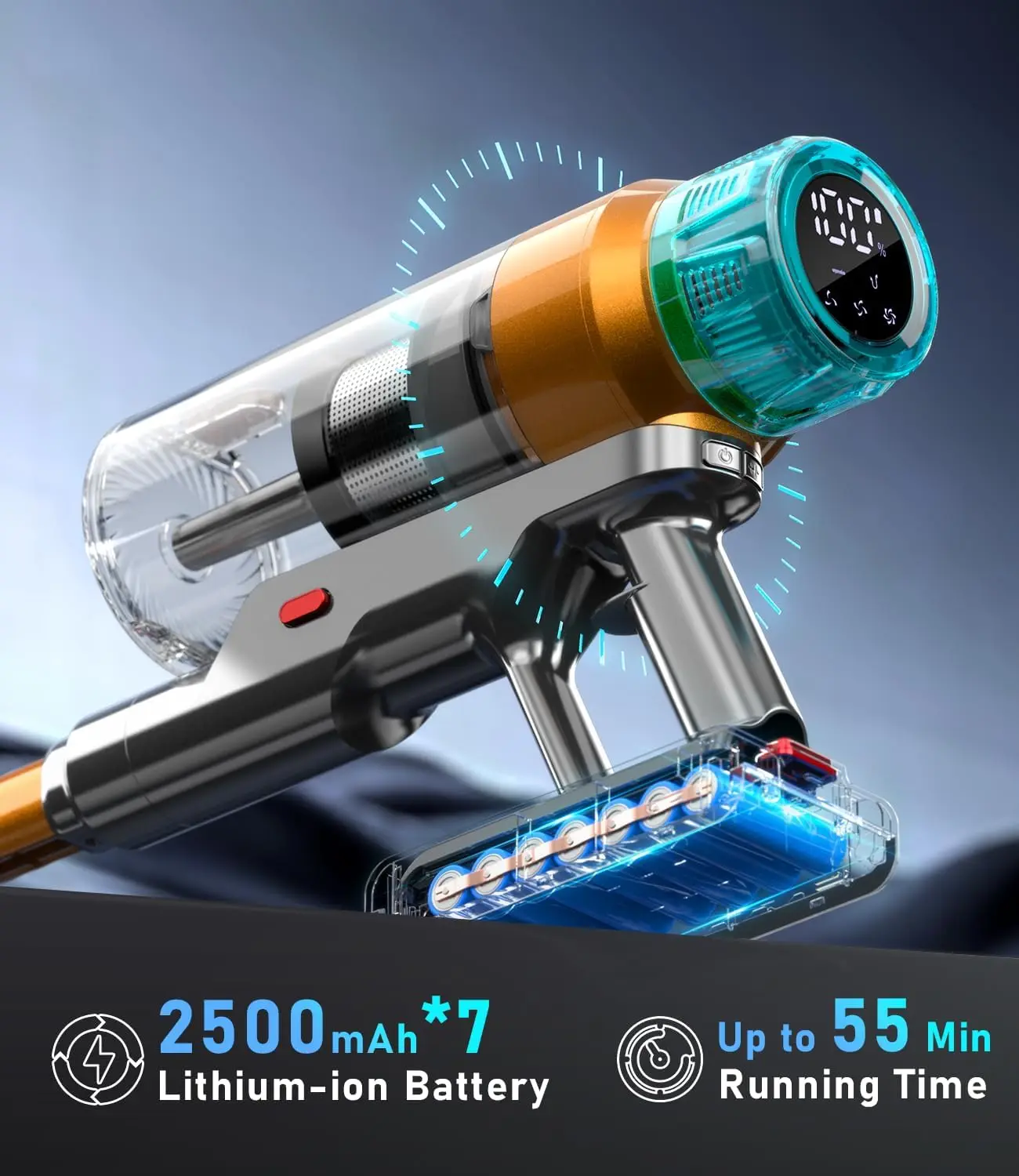 Cordless Vacuum Cleaner 600W 55Kpa Stick Vacuum,Up to 55Mins, Vacuum Cleaners for Home Rechargeable Wall Mount OLED Color Screen 3