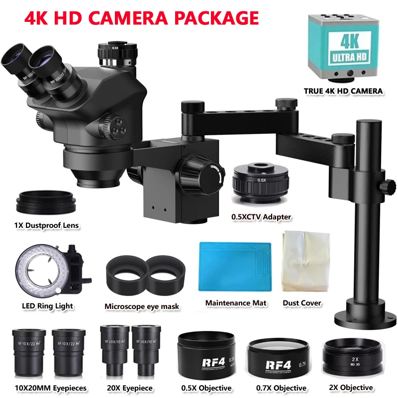 3.5-200X Simul-Focal Stereo Trinocular Microscope Set 4K 2K 1080P HDMI VGA USB TF Video Camera Clamp Folding Extension Type Base 4