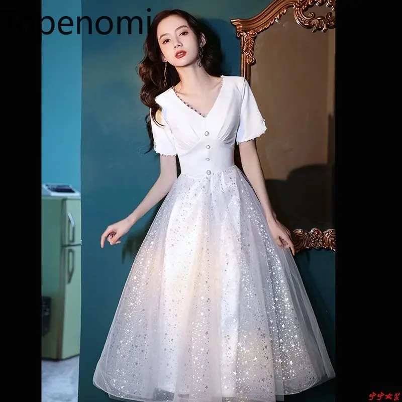

Topenomi White Banquet Night Party Dress Women French Elegant Luxury Short Sleeve Tulle A-line Prom Dresses Quinceanera Vestidos