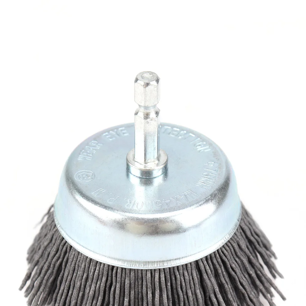 SIFANG 75mm Nylon Cup Brush Wood Polishing Wire Wheel Brush With Hexagonal Shank Abrasive Rust Removal Drill Rotary Tool Brush 5