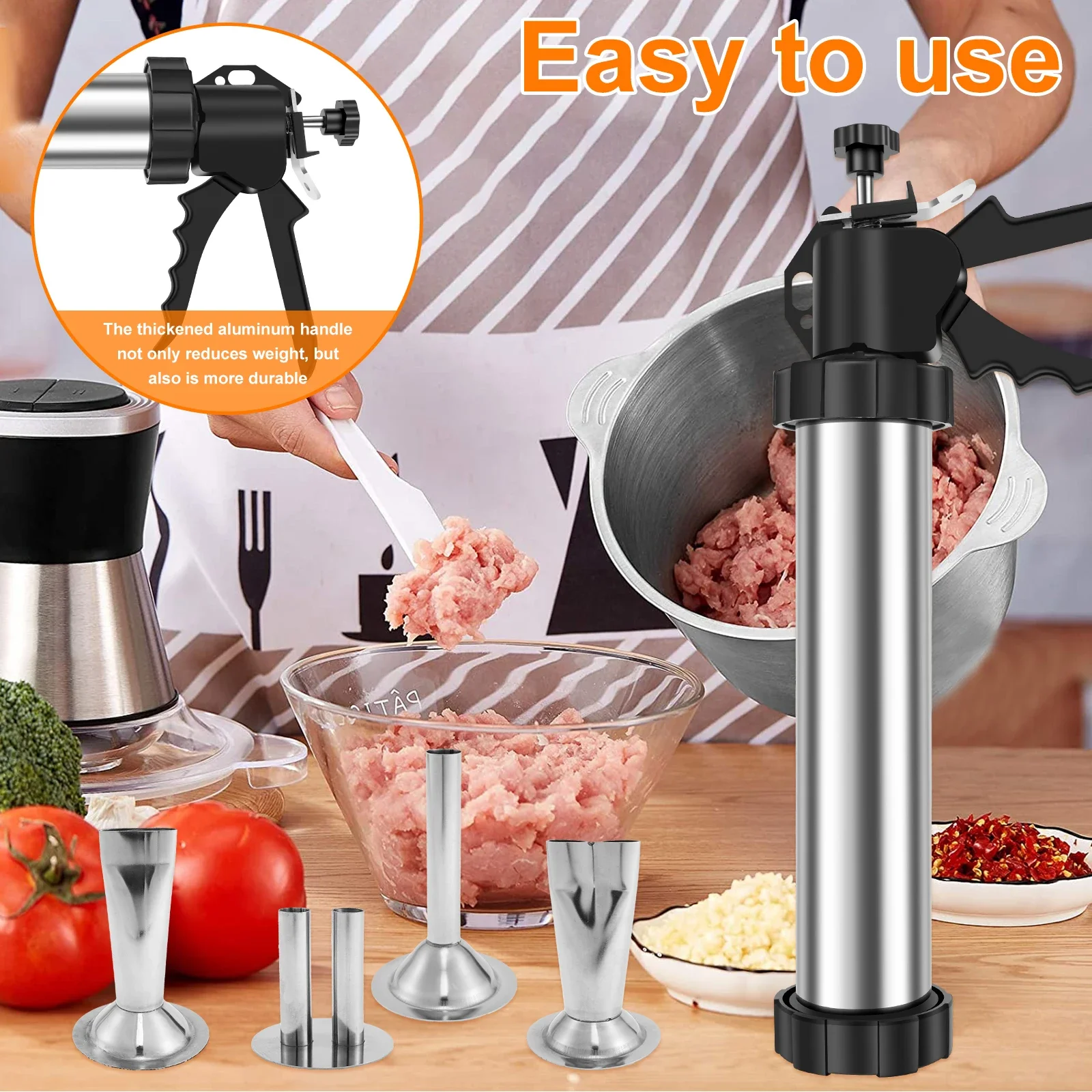 Stainless Steel Sausage Stuffer Jerky Gun Manual Meat Syringe Home Kitchen Tool