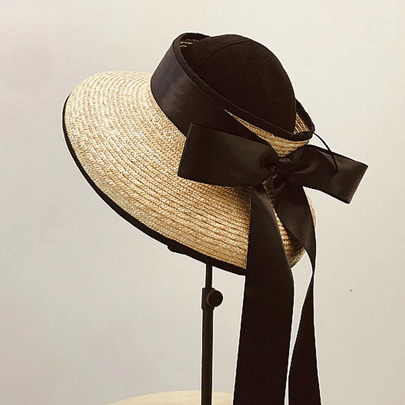 

Women Floppy Suns Hat with Bowknot Long Black Ribbon Empty Top Visor Straw Hat Lady Summer Wide Brim Beach Cap chapeau femme ete