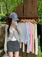 Lace Trim One Button Long Sleeve Crop Top Women Short Sleeve Open Front Ribbed Knit Cardigan Sweater Summer Fairycore Outfit - Image 6