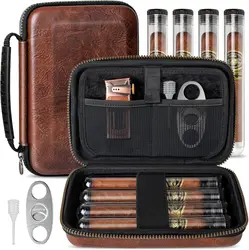 Luxury Leather Cigar Travel Case with Cutters and Puncher (Brown)