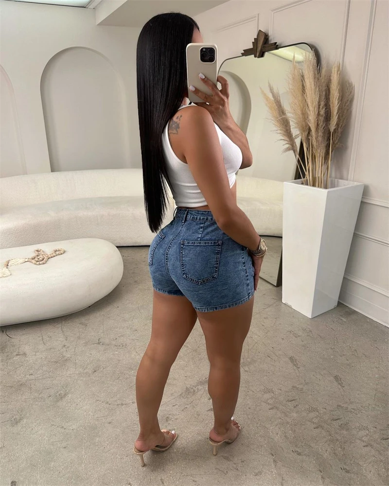 Stretchy Denim Shorts Women Summer 2023 Cargo Jeans Pockets Zip High Waist Pants Fashion Streetwear