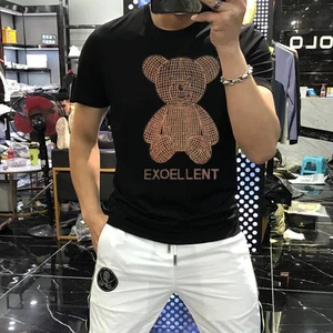 Borunke Summer Men T-shirt  Rhinestonesl Short Sleeve Stand Collar Slim Fit Tops  Streetwear Tees M-5XL  031